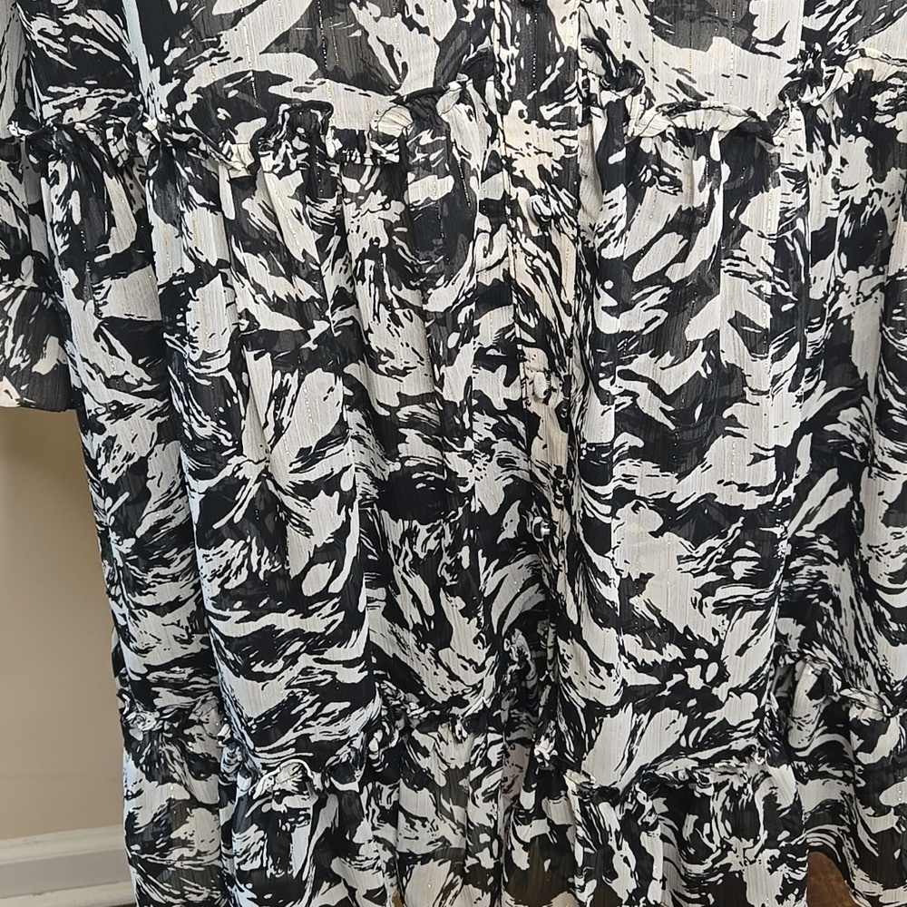 Misa Los Angeles Mita Black & White Lurex Mini Shirt Dress – Tiered Ruffle Hem - Picture 5 of 10